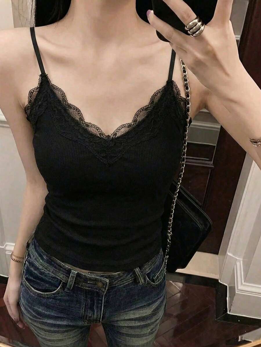 法式蕾丝吊带背心，带衬垫胸部，性感内衣，女士春夏休闲黑色 - 黑色 - 查看 1