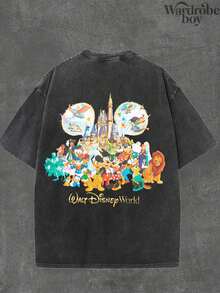 Disney Dark Gray Round Neck Short Sleeved Washed Printed T-Shirt, Cartoon Pattern Printed T-Shirt, 2026 New T-Shirt, High-Quality Pure Cotton T-Shirt, Suitable For All Seasons, Comfortable And Breathable | Exquisite Design | The Best Choice For Gift Giving - màu đen - Xem 2