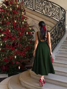 Elegant French Romantic Backless Hollow-Out Cinched Waist Sexy Charming Maxi Dress, Burgundy, Suitable For Christmas, Holiday Party, Date - 墨綠色 - 查看 5