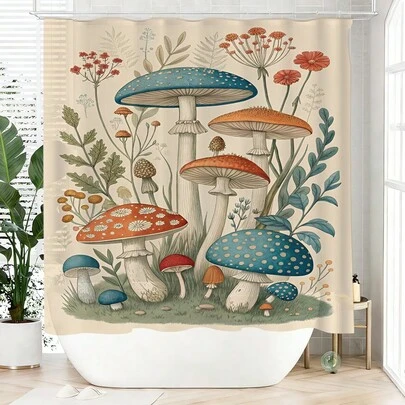 1pc Cartoon Mushroom Shower Curtain, Made Of Polyester, Waterproof, Non-Shading, Suitable For Home And Bathroom Decor, Comes With 12 Hooks