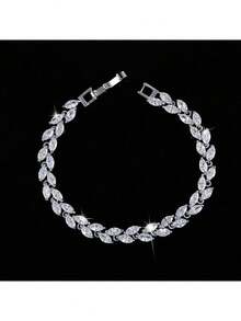 SEQUITO 1 pieza Delicada pulsera de joyería de mujer plateada en plata con micro pavé, corte marquesa, AAAAA circonita cúbica, forma de hoja, para uso diario y fiestas - 19 centímetros - Ver 7