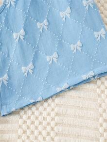 Conjunto de 2 piezas para niñas con blusa sin mangas con cuello + shorts con lazo, color azul claro, lindo y dulce - Azul menta - Ver 8