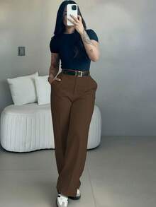 优雅简约条纹阔腿女士西装裤 - 简约专业工作裤 - 咖色 - 查看 5