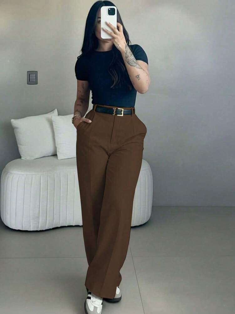 Pantalones de pierna ancha de talle alto para mujer | Ropa de mujer para primavera | Pantalones de oficina casuales y elegantes | Ropa casual de primavera | Pantalones rectos sueltos de unicolor | Ropa de primavera | Ropa casual de mujer | Pantalones casuales suaves y cómodos | Ropa casual de mujer a juego | Ropa de trabajo de moda minimalista | Traje casual | Preparación para el Año Nuevo | Esencial para primavera y otoño, sin cinturón incluido - Marrón - Añade 5