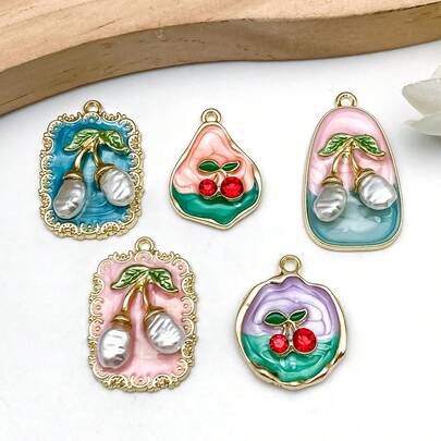 2/5pcs Elegant Cherry Enamel Charms Cute Cherry Necklaces Pendants Earrings Charms For Jewelry Making Bracelets Necklaces Earrings Keychains DIY Crafts