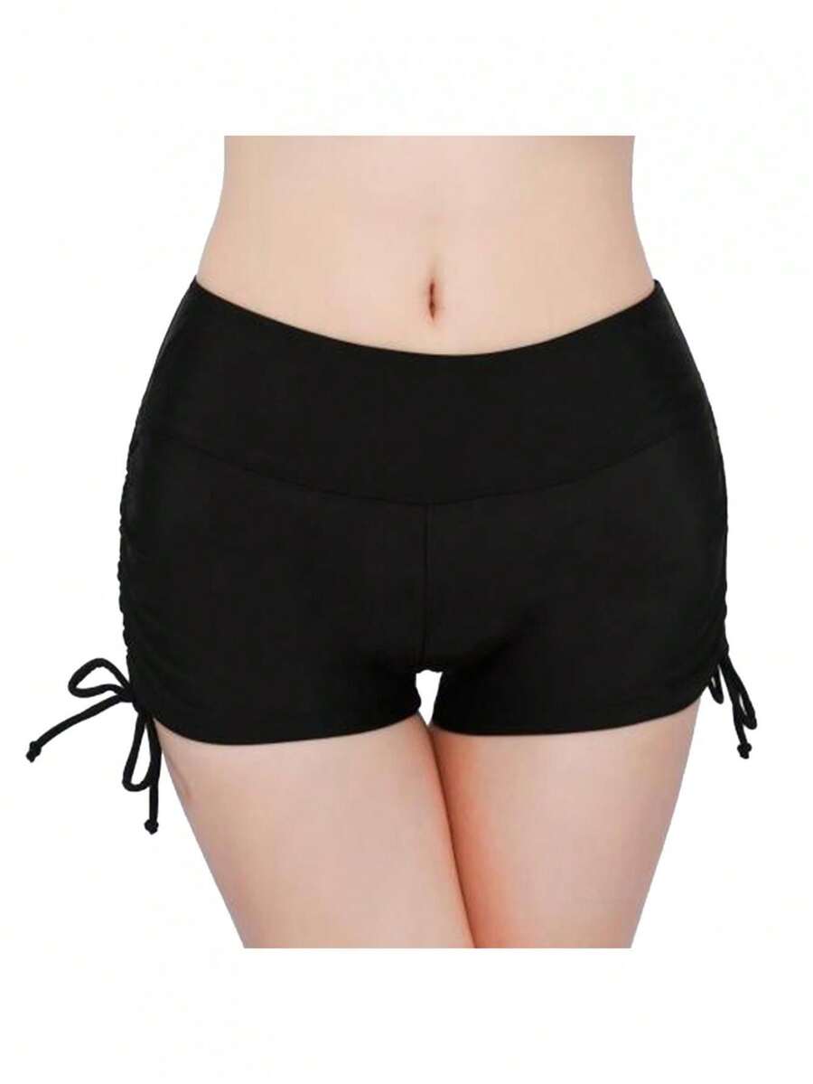 Women's Summer Flat Angle Swimming Trunks, High Waisted, Solid Color, With Straps On Both Sides, Providing Sufficient Coverage Without Loosening Or Slipping. Highly Elastic, Soft, Comfortable, Breathable, And Skin Friendly. Suitable For Surfing, Swimming, Beach Activities, Yoga, Fitness, Running, Etc. - 黑色 - 查看 1