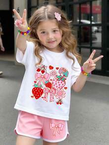 2-Piece Girls' Sweet Style Strawberry Printed Short-Sleeve T-Shirt + Shorts Set, Soft Fabric Summer Casual Wear Tween Girl Outfit - 白色 - 查看 3