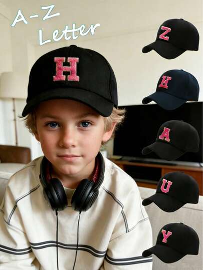 可调节 A-Z 字母贴片黑色棒球帽，男童款，防晒帽，适合上学、户外运动、街头穿搭、家庭旅行
