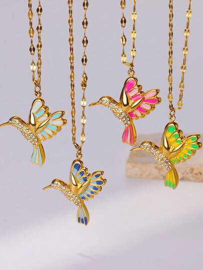 1 pieza Collar con colgante de colibrí colorido para mujeres y hombres, collar con pájaro volador esperanzador con esmalte y circonita cúbica, collar con cadena de acero inoxidable, joyería de animal colorido bohemio y de la suerte, accesorio de moda, regalo perfecto para el verano, festivales de música, Día de San Valentín o Día de la Madre