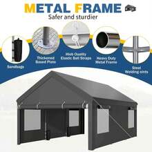 JAMFLY Carport, Heavy Duty Carport With Roll-Up Windows, Portable Garage With Removable Sidewalls & Doors, Car Canopy With Sandbags And All-Season Tarp For Car Boat Truck Motorcycle - 深灰色 - 查看 5