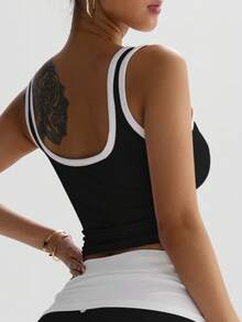 Women's Sweet Contrast Trim Yoga Tank Top Breathable Soft Stretch Sleeveless Workout Gym Fitness Activewear - Black - View 2