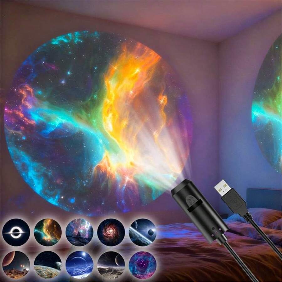 LED Galaxy Projection Night Light, 1 Light+10/6/3 Patterns, 360° Rotatable LED Galaxy Projector, Starry Sky Lighting Night Light, Atmosphere Projection Lamp, Ceiling Photo Background Decor Lighting Fixture, Bedroom, Living Room, Holiday Decor - Black - View 1