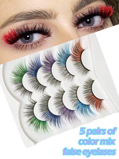 5 par blandade färgade ögonfransar, regnbågsögonfransar, dramatiskt färgade lösögonfransar, kattögonfransar i rävform med förlängda svansar, fluffiga konstminkögonfransar med färgade ändar, livfulla färger, mjuka och tjocka, lämpliga för högtider, jul, Halloween, fester, musikfestivaler, cosplay och mer.