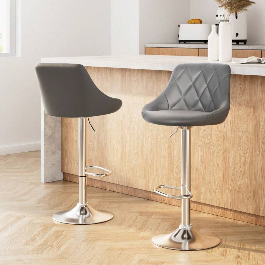Artiss 2x Bar Stools Leather Padded Gas Lift Grey - 灰色 - 查看 1