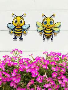 2 piezas Decoración de pared de abeja de dibujos animados vibrante, hermosa y linda decoración de pared de animales, decoración de arte de metal duradero para exteriores, adecuada para la embellecimiento del jardín en primavera/verano - Amarillo y negro (2 piezas) - Ver 6