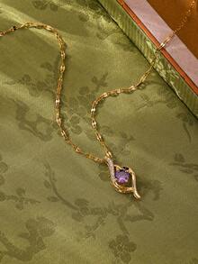 1pc Gold & Purple Stainless Steel Necklace, Material, Harmless To Body, Eternal Classic Element, High-Quality Minimalist Style, Suitable For Daily Wear - Gold - View 2