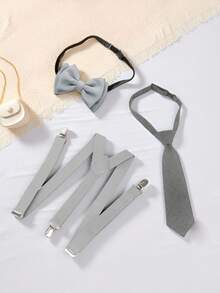 Luobobeibei Bộ 3 món quần yếm, nơ và cà vạt kiểu retro màu trơn cho trẻ em, thoải mái và co giãn, phù hợp cho đám cưới, lễ Phục sinh, biểu diễn sự kiện, tiệc sinh nhật và mặc hàng ngày. - Xám - Xem 9
