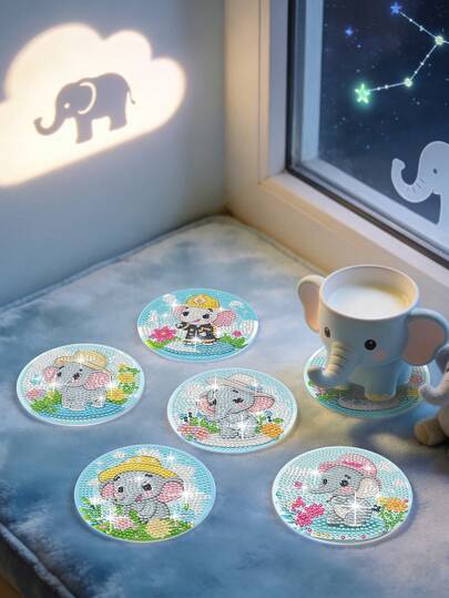 8件套手工钻石画杯垫，DIY工艺品，大象图案杯垫，可爱杯垫，生日礼物，派对装饰，女士礼物，家居装饰，厨房装饰，厨房配件