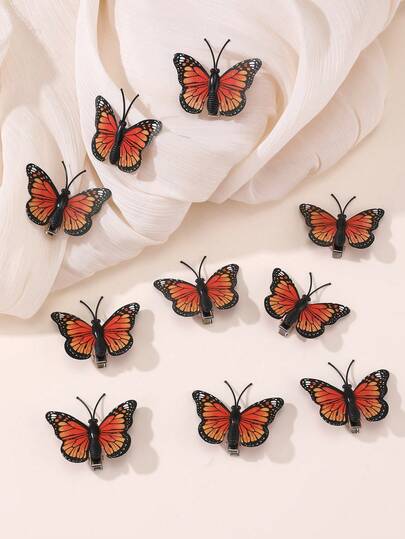 10pcs Brown Tone Realistic Butterfly Hair Clips, Fashionable & Elegant Accessories For Daily, Party, Vacation