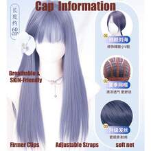 24 Inch Long Straight Light Blue Wig With Bangs, Synthetic Women's Natural Lolita Cosplay Fashion Youthful Big Wave Long Curly Full Wig - Dusty Blue - View 7