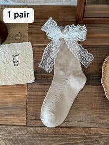 1双女士中筒袜，春夏网眼蕾丝蝴蝶结洛丽塔学院风舒适透气船袜 - 彩色 - 查看 14