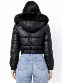 Women's Stylish Comfortable Faux Leather Puffer Jacket With Fleece Hood - Premium Winter - 黑色 - 查看 3