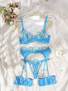 4pcs Elegant Sheer Mesh Lace Embroidery Bra And Panty Set - Blue - View 6