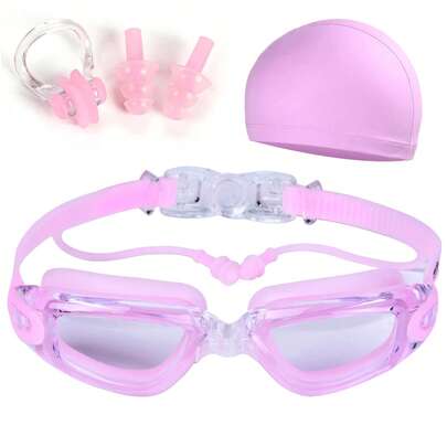 Kính bơi kèm mũ và nút bịt tai, chống sương mù, chống tia UV, dành cho nam và nữ, chống thấm nước, bảo vệ mắt.