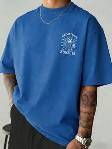 Fractyr Men's Casual Vacation Street Style Loose Fit Short Sleeve T-Shirt | Minimalist Palm Tree & Sun Letter Print | Sophisticated Design | Summer Essential | Versatile & Stylish - Blue - View 3