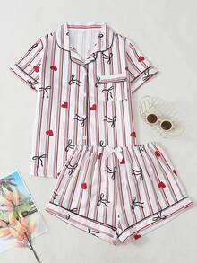 Bộ đồ ngủ nữ tay ngắn và quần short họa tiết sọc nơ và trái tim, chất liệu crepe phồng, in hình. - Đỏ - Xem 1