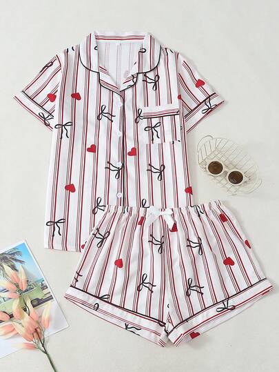 Striped Bow & Heart Print Women Bubble Crepe Short Sleeve Shorts Pajama Set