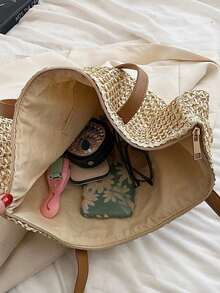 夏季草编沙滩包，大容量手提包，购物篮，手提包，度假风，简约百搭，多口袋女包，适合搭配连衣裙，购物，旅行，收纳，藤编包 - 米色 - 查看 7