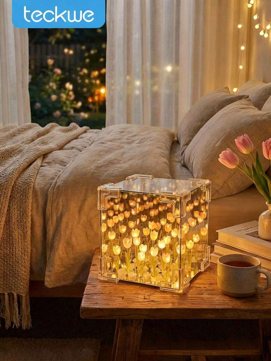 Teckwe 手工DIY創意禮物，20朵鬱金香造型DIY迷你夜燈，3D立體花卉氛圍燈，優雅桌面裝飾，可作夜燈使用，關燈後可作鏡子使用，情人節送給女朋友的禮物