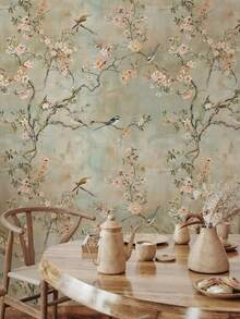 Cherry Blossom Wallpaper Chinoiserie Birds And Flowers, Soft Pastel Background, Elegant Botanical Wall Mural - 1PC - View 3