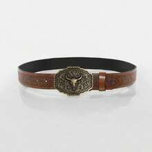 1 chiếc thắt lưng da PU màu nâu cổ điển kiểu cao bồi miền Tây Bohemian unisex, khóa kim loại dập nổi chữ. - màu nâu - Xem 12