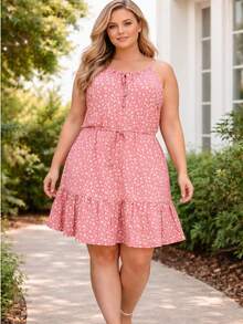 Plus Size Dress With Thin Straps, Duna Brand, All-Over Floral Print, Gathered Hem With Ruffle, Perfect For Vacation. - Rose Print - View 4