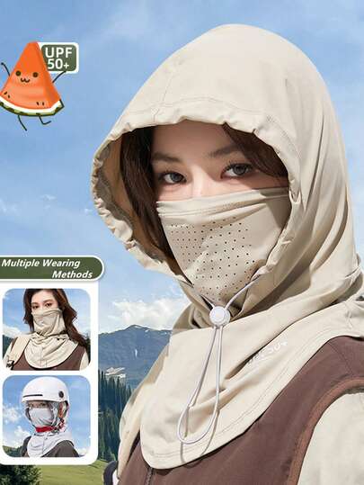 1pc UPF50+ Women Casual Lightweight Breathable Sun Protection Face Mask & Hat Set, Unisex Design Can Be Worn With Helmet, Suitable For Daily Use, Beach, Cycling