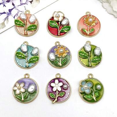 2/9件套 精致花朵珐琅吊坠 圆形心形项链吊坠 耳环饰品 手链项链耳环钥匙扣 DIY工艺品