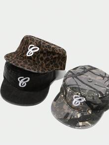 1pc Women's G Letter Embroidered Leopard Print Baseball Cap, Street Hip-Hop Hat, Warm Sunscreen Visor Plaid Flat Brim Hat - B - View 1