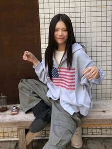 休闲宽松拉链卫衣外套，复古美式街头风春季款 - 灰色 - 查看 6