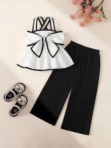BASUSARRI Girls' Commuting Chic White Contrast Color Wide Strap Big Bow Tie Crop Top And Straight Leg 3/4 Pants Suit, Versatile Fashion - Black and White - View 2