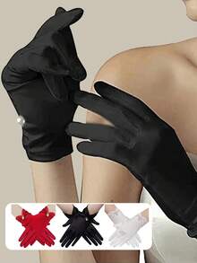1 paire de gants courts en satin noir avec faux perles pour femmes, gants de thé rétro vintage des années 1950, accessoires pour le bal de l'opéra, le mariage et la scène, cadeau de la Saint-Valentin - Multicolore - Voir 1