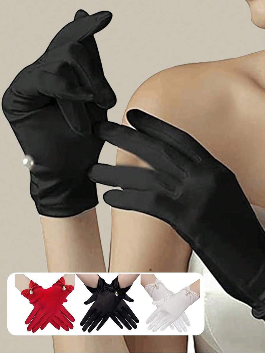 1 paire de gants courts en satin noir avec faux perles pour femmes, gants de thé rétro vintage des années 1950, accessoires pour le bal de l'opéra, le mariage et la scène, cadeau de la Saint-Valentin - Multicolore - Voir 1
