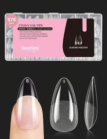 Beetles Medium Almond Nail Tips 576pcs 12 Sizes, Pre-Etched Soft Gel Nail Tips Half Matte Full Cover Press On False Nail Tips - Bộ móng giả hình hạnh nhân cỡ trung bình 576 chiếc (móng giả khắc chữ X) - Xem 10
