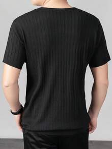 1件男士纯色亨利领短袖罗纹针织T恤 - 黑色 - 查看 3