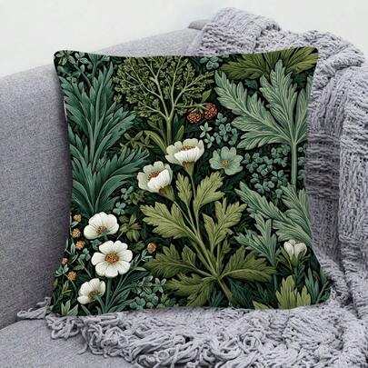 1pc William Morris Green Plant & Dried Flower Cushion Cover - Vintage Botanical Pillow Case, Suitable For Living Room, Bedroom, Sofa, Home Decor Pillow Cover, Bedroom Accessory, Single-Sided Print