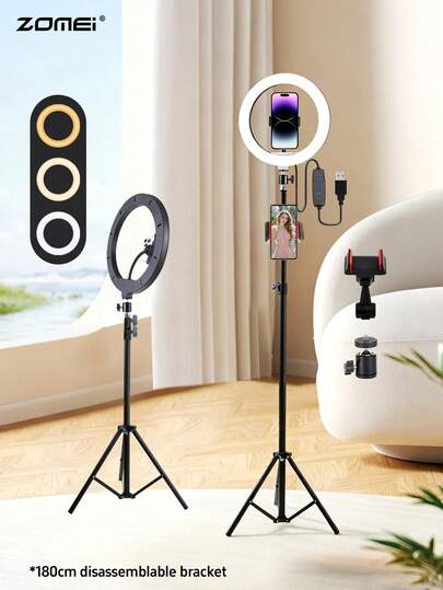  Adjustable Large Phone Photography Accessories Tripod And Ring Light Set ZoMei 12" Professional Ring Light With Segmented/Detachable Tripod (180cm Max), 3 Light Colors & 10 Brightness Levels, 2 Phone Clips, 360° Swivel Ball Head With 1/4" Screw For Holiday Productions/Content Creation Women's Day Celebration Gift Party Anniversary