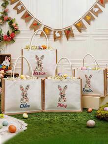 Customized Faux Embroidery Easter Tote Bag, Personalized Easter Basket Tote Bag, Floral Bunny Easter Gift, Letter Print Tote Bag, Linen Bag - Style 19 - View 5