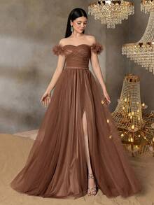 Vestido de graduación de tul Alisa&Leo para adolescentes - Diseño con hombros descubiertos y fruncidos con decoración floral esponjosa, con lazo y falda de tul con capas, adecuado para bailes escolares, fiestas de cumpleaños y otras ocasiones formales para adolescentes - Café integral - Ver 3