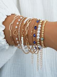 17KM Set de 9 piezas de pulsera vintage con cristal de ojo de demonio y perla falsa, joyería de moda simple como regalo para mujeres, adecuado para vacaciones, citas, uso diario casual, fiestas de verano - Amarillo Oro - Ver 1